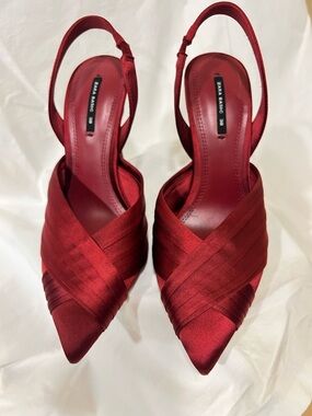 Zara Deep Red Satin Pointed Slingback Heels with Crisscross Straps sz38/us7.5